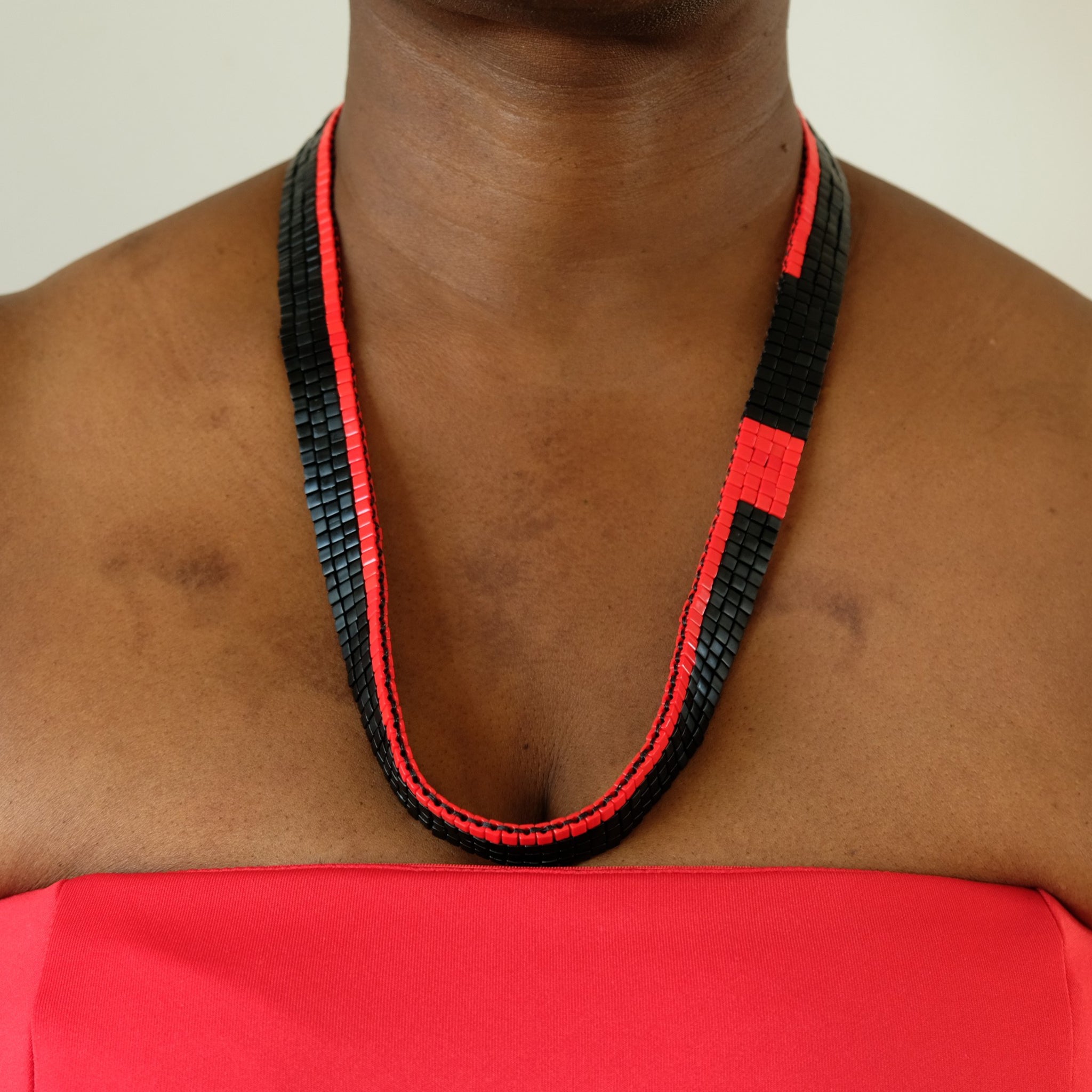 Black and Red Nwene Glass Beaded Necklace